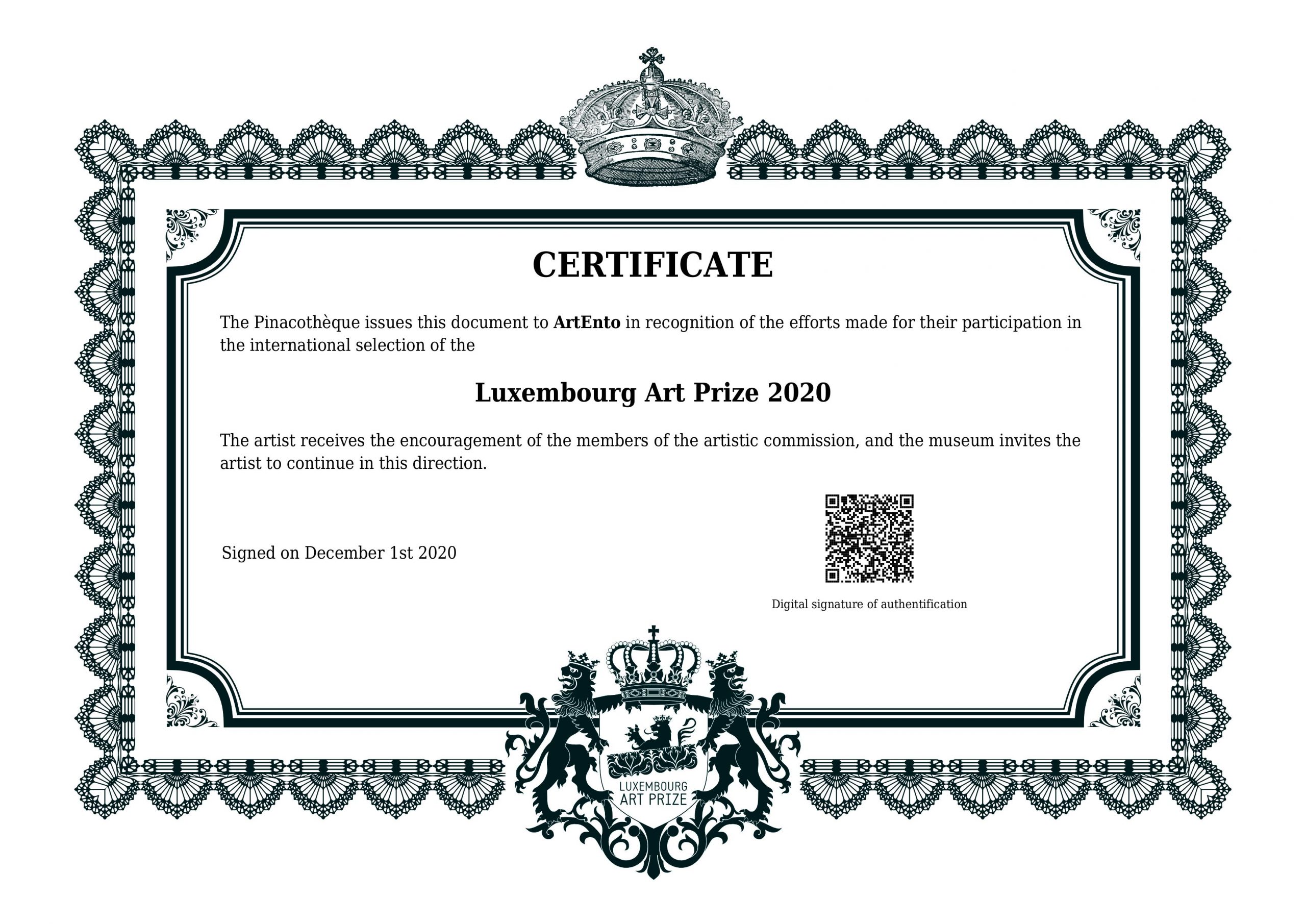 Luxembourg Art Price Certificat